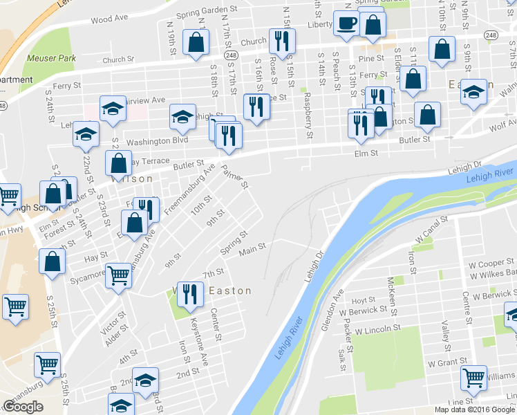 map of restaurants, bars, coffee shops, grocery stores, and more near 701 Palmer Street in Easton