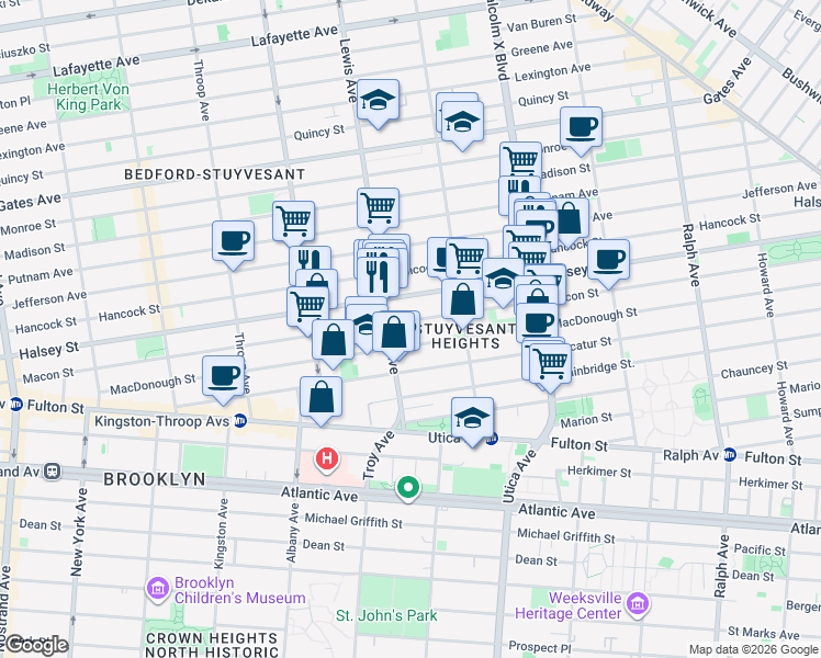 map of restaurants, bars, coffee shops, grocery stores, and more near 455 Macon Street in Brooklyn