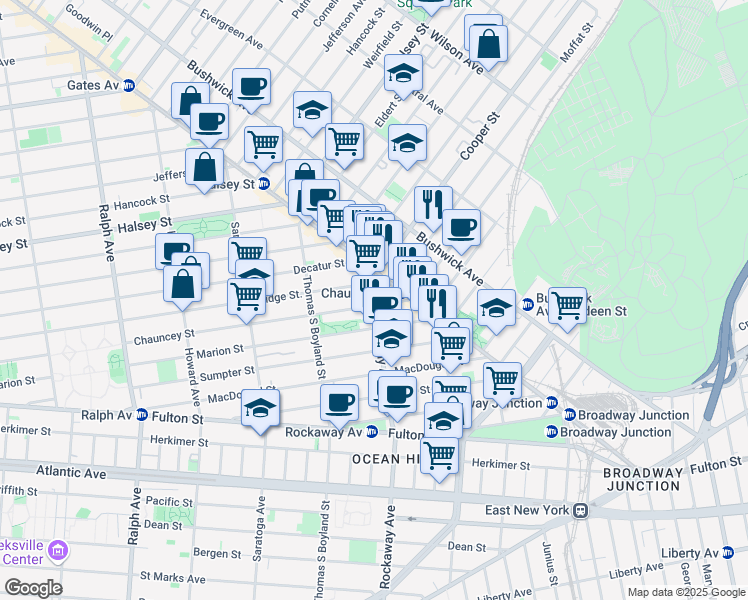 map of restaurants, bars, coffee shops, grocery stores, and more near 25 Rockaway Avenue in Brooklyn