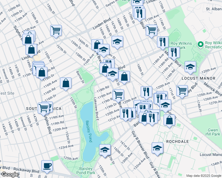 map of restaurants, bars, coffee shops, grocery stores, and more near 118-27 Guy R Brewer Boulevard in Queens