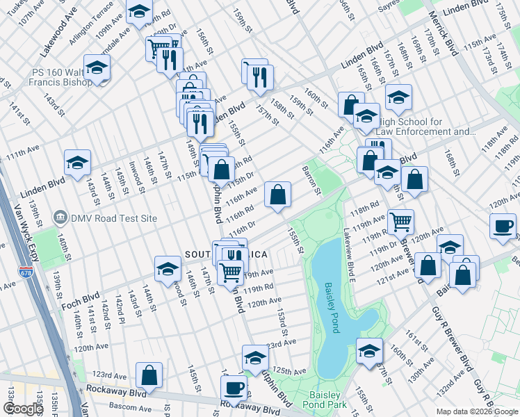 map of restaurants, bars, coffee shops, grocery stores, and more near 116-26 155th Street in Queens