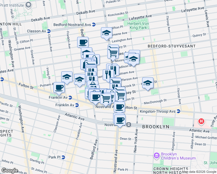 map of restaurants, bars, coffee shops, grocery stores, and more near 156 Jefferson Avenue in Brooklyn