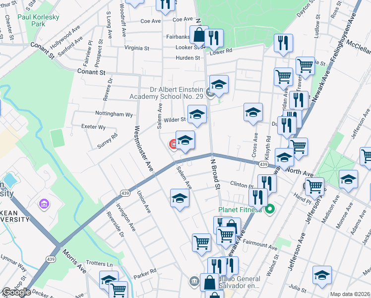 map of restaurants, bars, coffee shops, grocery stores, and more near 45 Georgian Court in Elizabeth