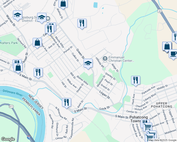 map of restaurants, bars, coffee shops, grocery stores, and more near 1000 Green Street in Phillipsburg