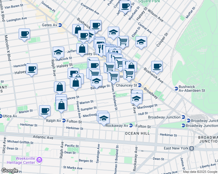map of restaurants, bars, coffee shops, grocery stores, and more near 537 Bainbridge Street in Brooklyn