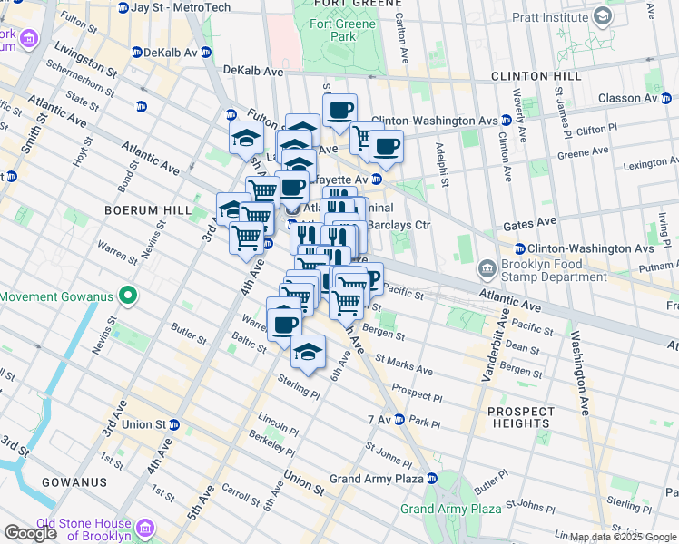 map of restaurants, bars, coffee shops, grocery stores, and more near 620 Atlantic Avenue in Brooklyn