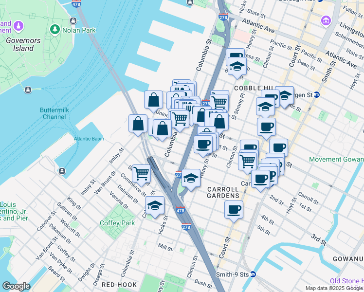 map of restaurants, bars, coffee shops, grocery stores, and more near 82 Carroll Street in Brooklyn
