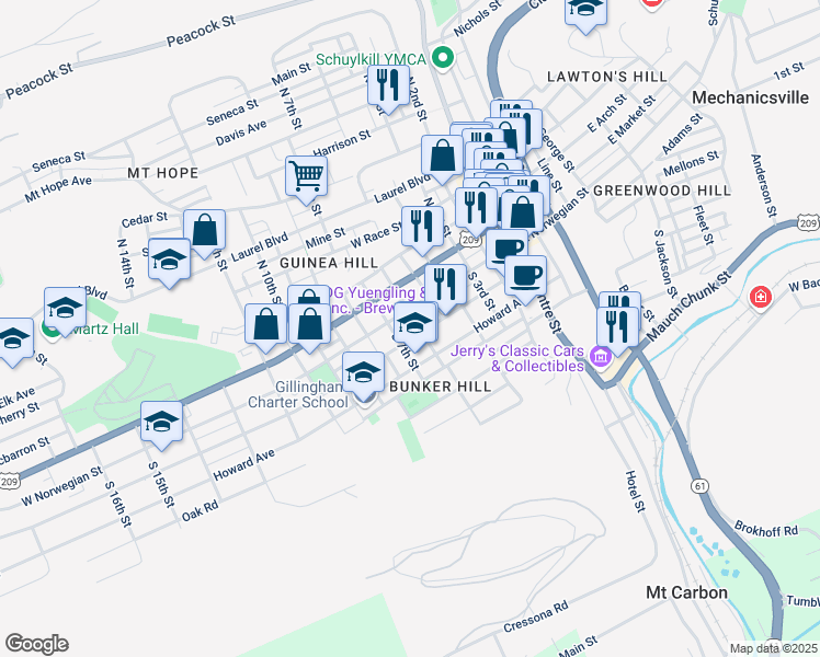 map of restaurants, bars, coffee shops, grocery stores, and more near 606 Mahantongo Street in Pottsville