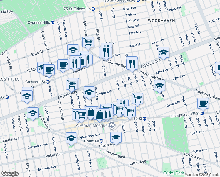 map of restaurants, bars, coffee shops, grocery stores, and more near 94-18 75th Street in Queens