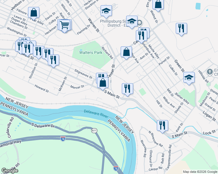 map of restaurants, bars, coffee shops, grocery stores, and more near 21 Limekiln Road in Phillipsburg