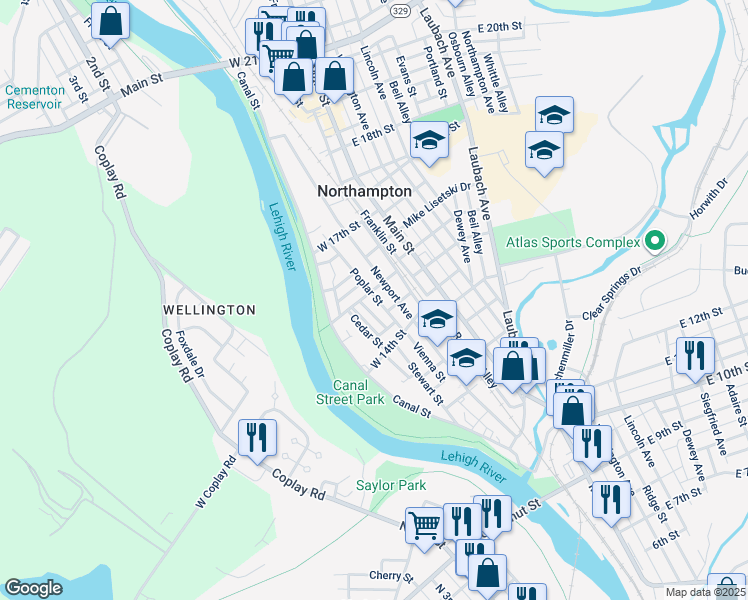 map of restaurants, bars, coffee shops, grocery stores, and more near 1526 Poplar Street in Northampton