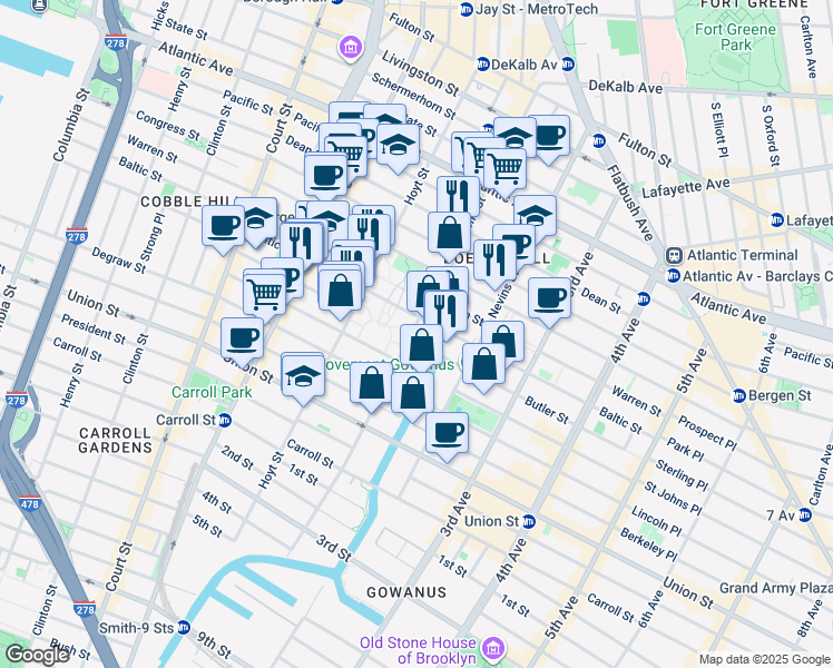 map of restaurants, bars, coffee shops, grocery stores, and more near 207 Bond Street in Brooklyn