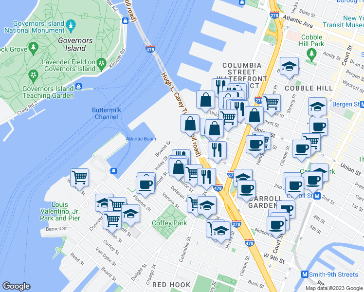 map of restaurants, bars, coffee shops, grocery stores, and more near 128 Van Brunt Street in Brooklyn