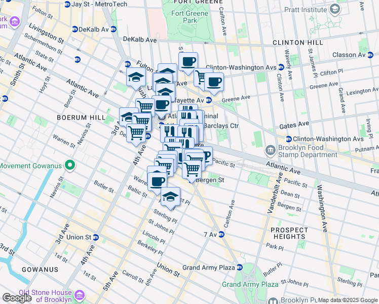 map of restaurants, bars, coffee shops, grocery stores, and more near 620 Atlantic Avenue in Brooklyn