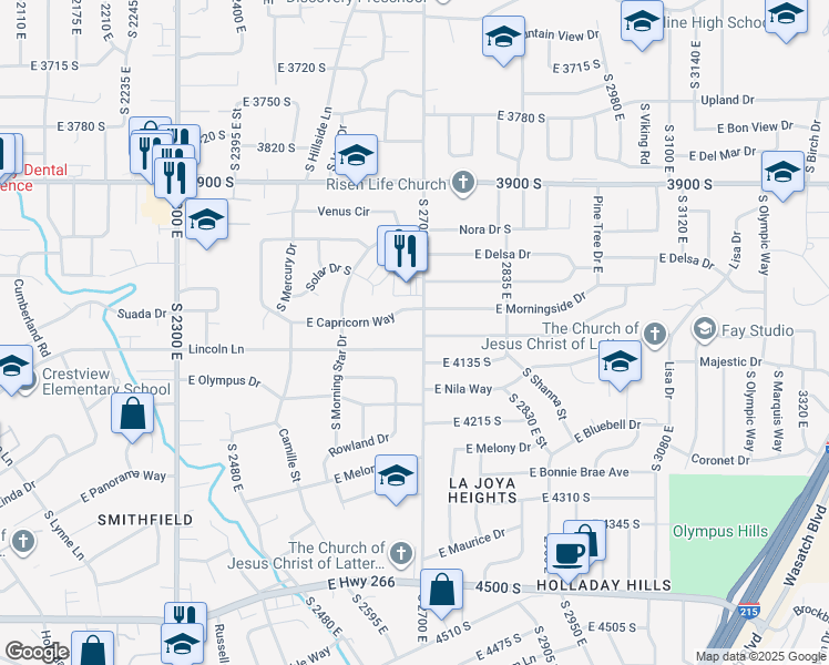 map of restaurants, bars, coffee shops, grocery stores, and more near 4092 South 2700 East in Holladay
