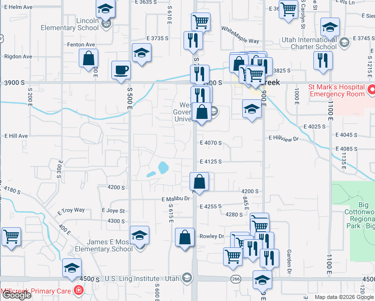 map of restaurants, bars, coffee shops, grocery stores, and more near 4097 South 670 East in Murray
