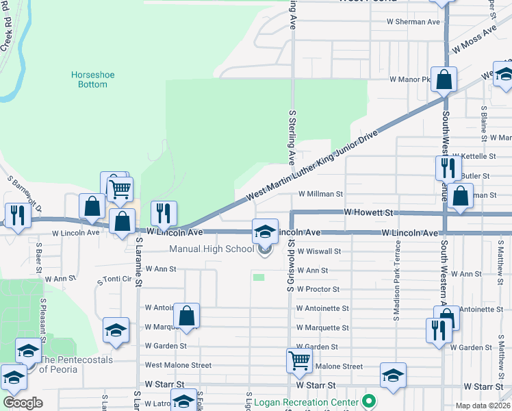 map of restaurants, bars, coffee shops, grocery stores, and more near 2699 W Culver St in Peoria