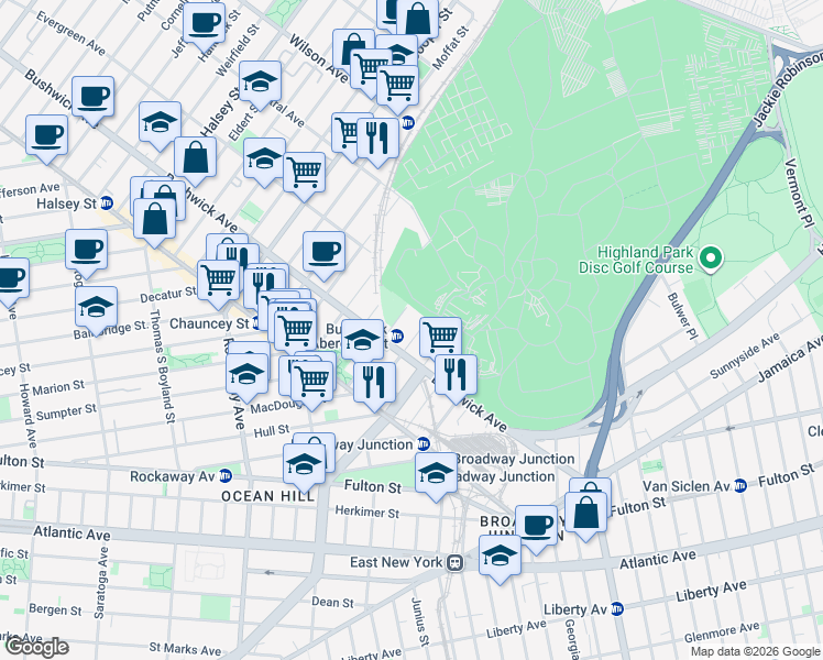 map of restaurants, bars, coffee shops, grocery stores, and more near 1533 Bushwick Avenue in Brooklyn