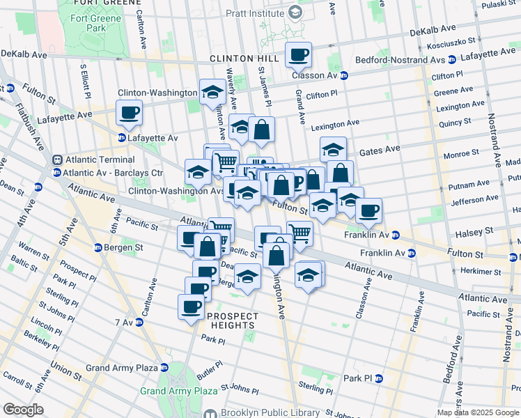 map of restaurants, bars, coffee shops, grocery stores, and more near 900 Fulton Street in Brooklyn