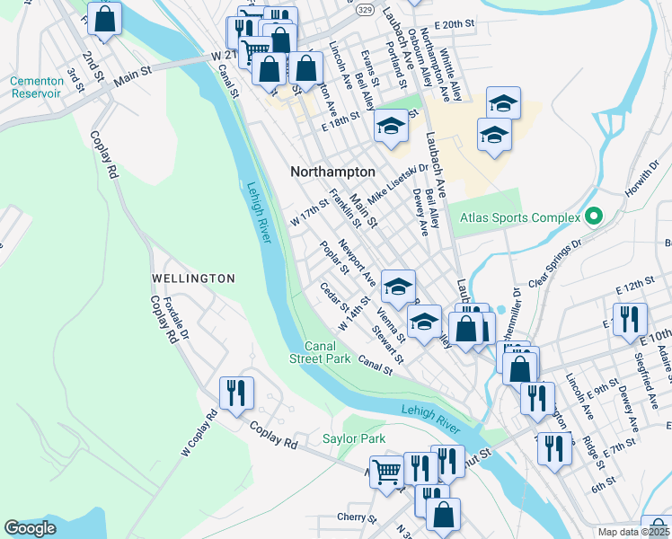 map of restaurants, bars, coffee shops, grocery stores, and more near 119 West 16th Street in Northampton