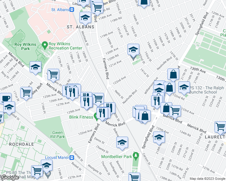 map of restaurants, bars, coffee shops, grocery stores, and more near 122-20 Nellis Street in Queens