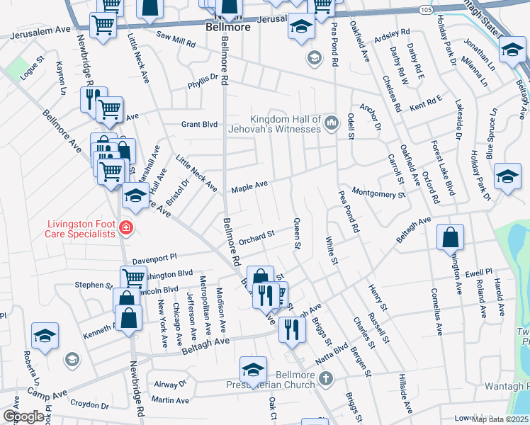 map of restaurants, bars, coffee shops, grocery stores, and more near 1551 Scriven Avenue in North Bellmore