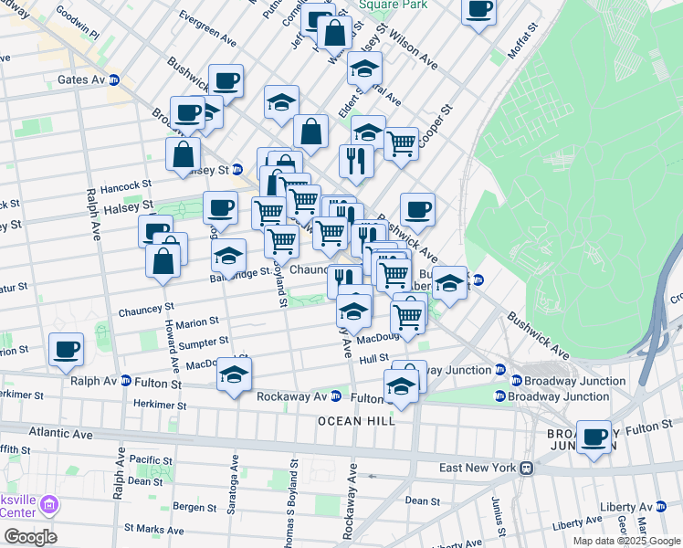 map of restaurants, bars, coffee shops, grocery stores, and more near 25 Rockaway Avenue in Brooklyn