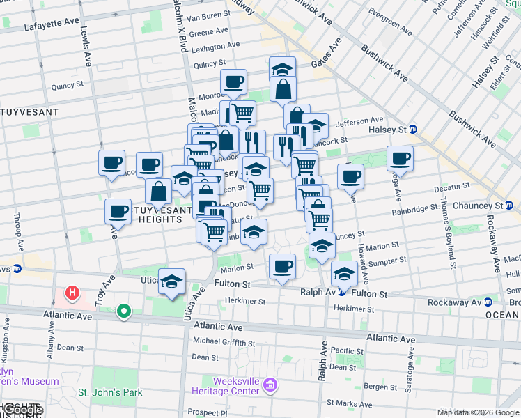 map of restaurants, bars, coffee shops, grocery stores, and more near 251 Patchen Avenue in Brooklyn