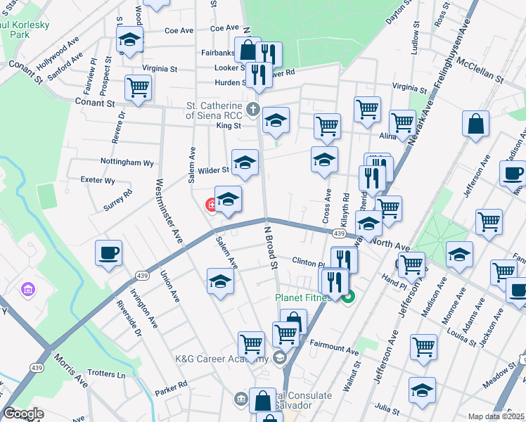 map of restaurants, bars, coffee shops, grocery stores, and more near 817 North Broad Street in Elizabeth