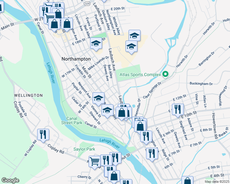 map of restaurants, bars, coffee shops, grocery stores, and more near 1375 Washington Avenue in Northampton