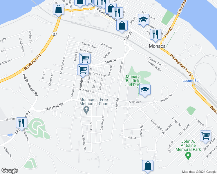 map of restaurants, bars, coffee shops, grocery stores, and more near 1113 Chestnut Street in Monaca