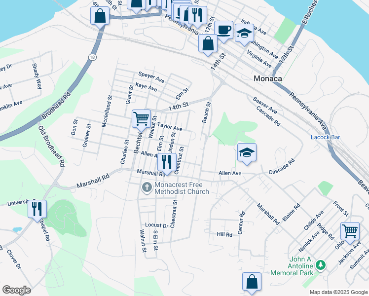 map of restaurants, bars, coffee shops, grocery stores, and more near 1113 Chestnut Street in Monaca
