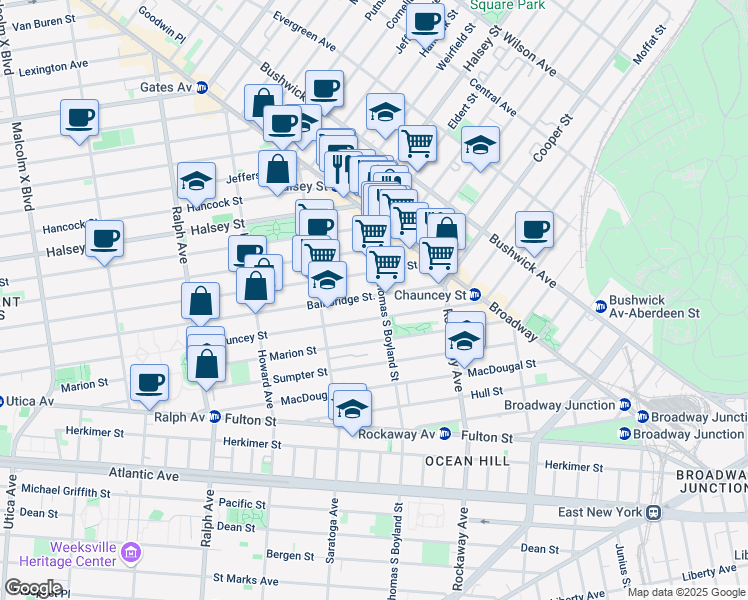 map of restaurants, bars, coffee shops, grocery stores, and more near 556 Bainbridge Street in Brooklyn