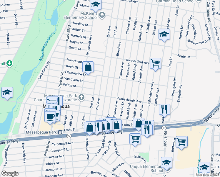 map of restaurants, bars, coffee shops, grocery stores, and more near in Massapequa Park