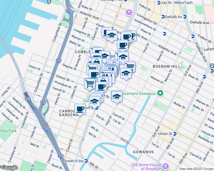 map of restaurants, bars, coffee shops, grocery stores, and more near 350 Degraw Street in Brooklyn