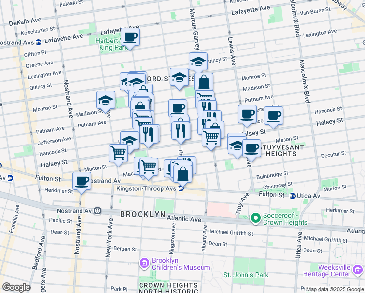 map of restaurants, bars, coffee shops, grocery stores, and more near 559 Throop Avenue in Brooklyn