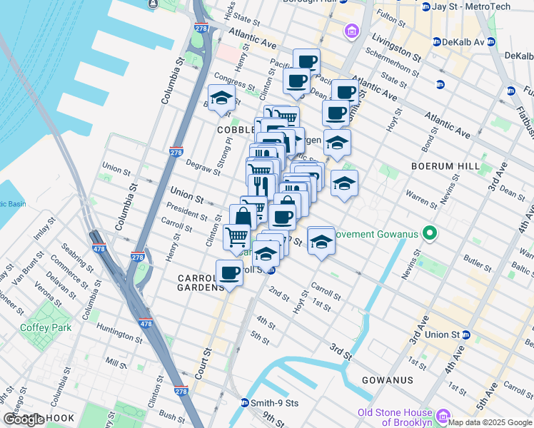 map of restaurants, bars, coffee shops, grocery stores, and more near 313 Sackett Street in Brooklyn
