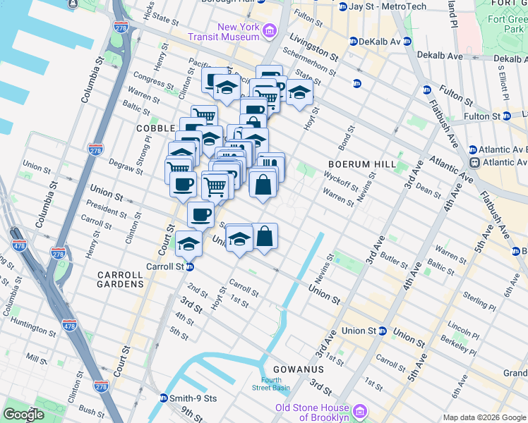 map of restaurants, bars, coffee shops, grocery stores, and more near Hoyt Street & Douglass Street in Brooklyn