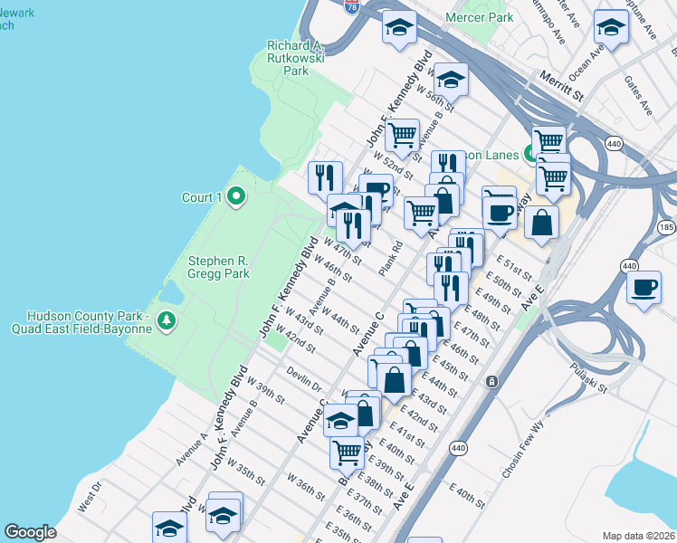 map of restaurants, bars, coffee shops, grocery stores, and more near Avenue B & West 46th Street in Bayonne
