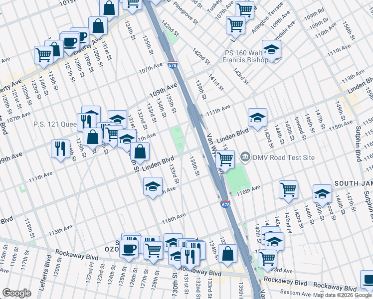 map of restaurants, bars, coffee shops, grocery stores, and more near 134-01 Linden Boulevard in Queens