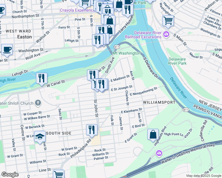 map of restaurants, bars, coffee shops, grocery stores, and more near 234 Folk Street in Easton