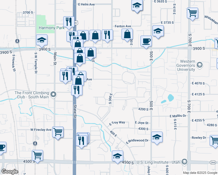 map of restaurants, bars, coffee shops, grocery stores, and more near 4072 South 300 East in Millcreek