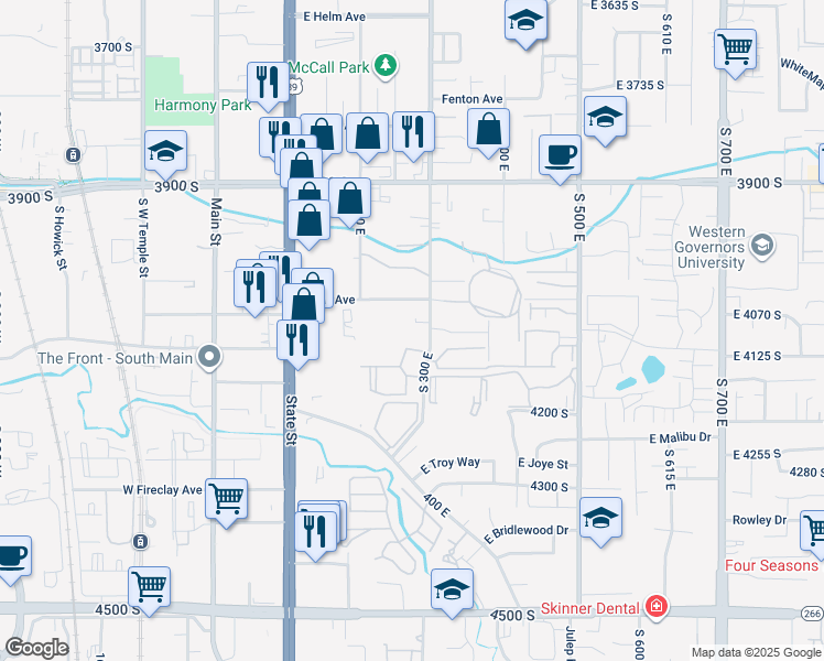 map of restaurants, bars, coffee shops, grocery stores, and more near 4072 South 300 East in Millcreek
