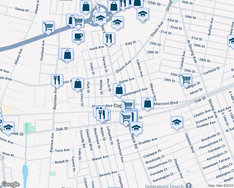 map of restaurants, bars, coffee shops, grocery stores, and more near 2095 Great Neck Road in Copiague