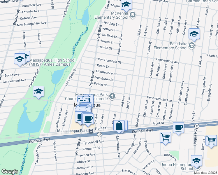 map of restaurants, bars, coffee shops, grocery stores, and more near 181 Fulton Street in Massapequa Park