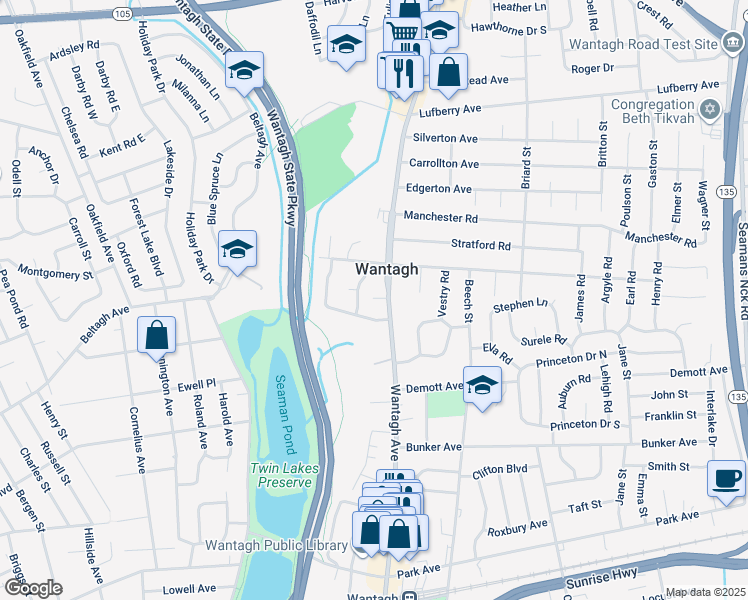 map of restaurants, bars, coffee shops, grocery stores, and more near in Wantagh