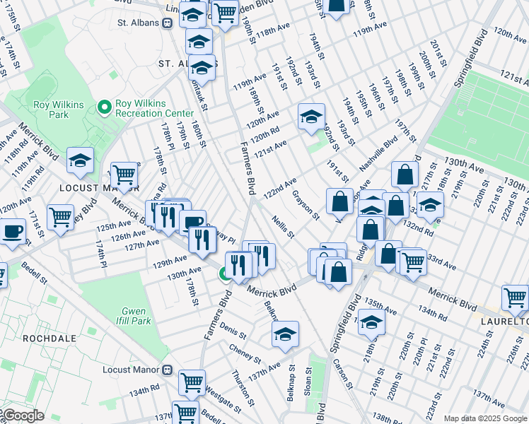map of restaurants, bars, coffee shops, grocery stores, and more near in Queens