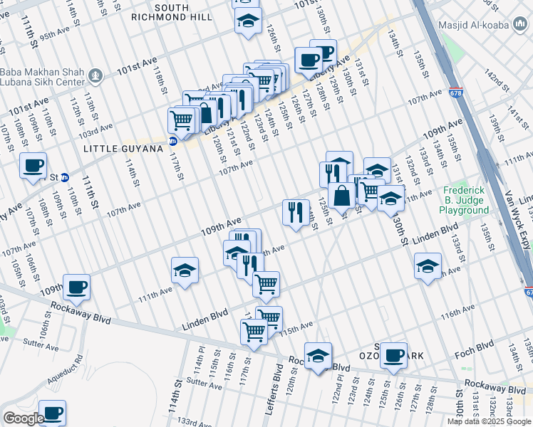 map of restaurants, bars, coffee shops, grocery stores, and more near 122-2 109th Avenue in Queens