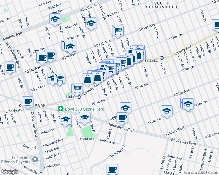 map of restaurants, bars, coffee shops, grocery stores, and more near 104-25 108th Street in Queens