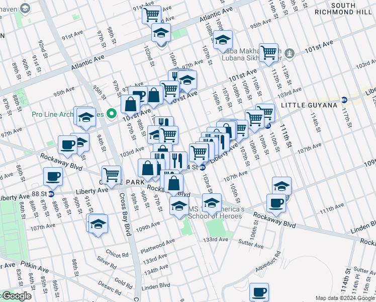 map of restaurants, bars, coffee shops, grocery stores, and more near 103-33 102nd Street in Queens